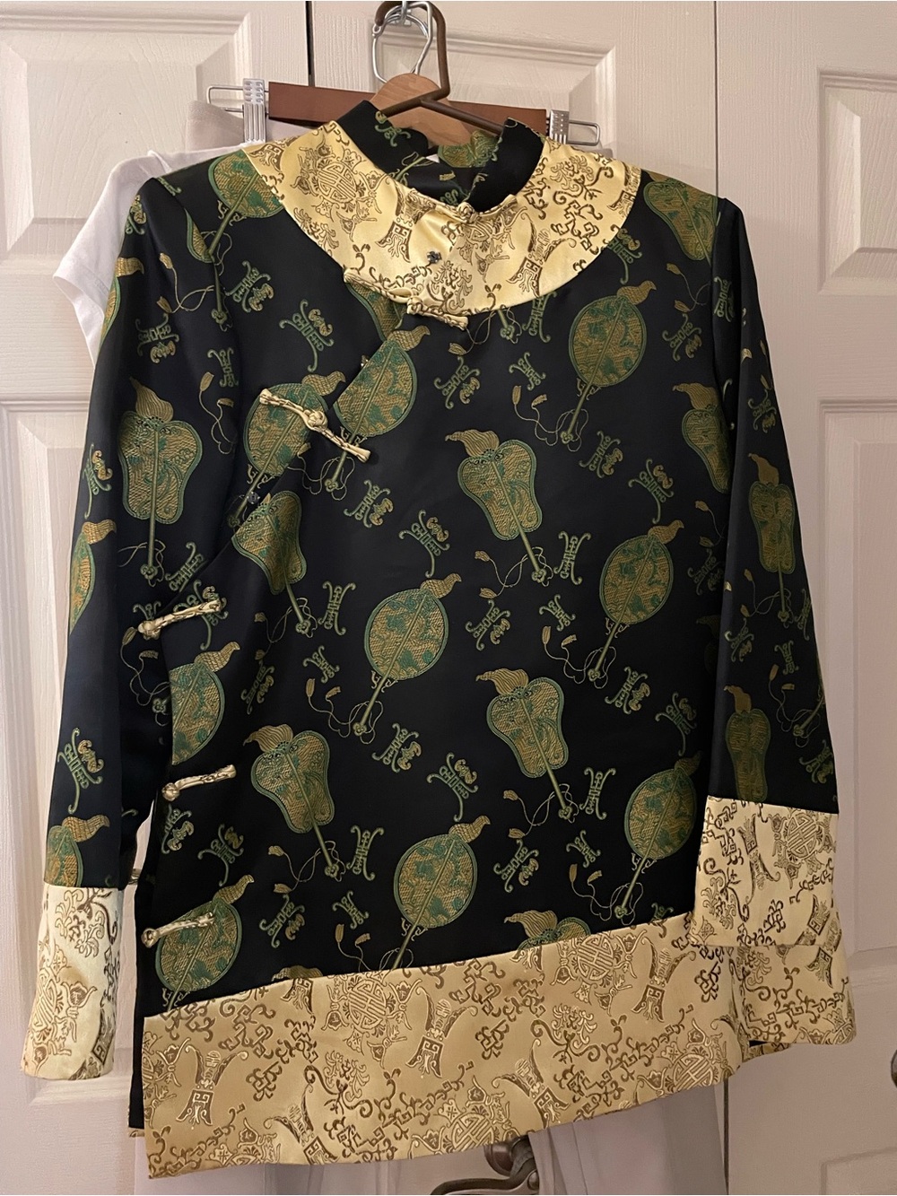 Men's Chinese Tang Style Black, green and Gold Satin Mandarin Jacket
